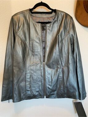 Metallic Gunmetal Gray Leather Zip-Front Jacket Terry Lewis Classic Luxuries